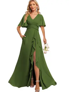 A-Line/Princess V Neck Flutter Sleeve Floor Length Bridesmaid Dresses with Pockets with Slit Ruffles — view 43