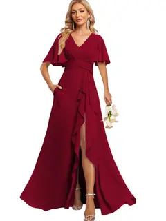A-Line/Princess V Neck Flutter Sleeve Floor Length Bridesmaid Dresses with Pockets with Slit Ruffles — view 44