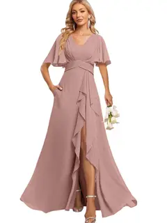 A-Line/Princess V Neck Flutter Sleeve Floor Length Bridesmaid Dresses with Pockets with Slit Ruffles — view 45