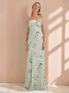 Sheath/Column Spaghetti Straps Sleeveless Printed Floral Long Bridesmaid Dresses with Ruffles — view 1
