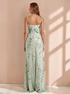 Sheath/Column Spaghetti Straps Sleeveless Printed Floral Long Bridesmaid Dresses with Ruffles — view 2