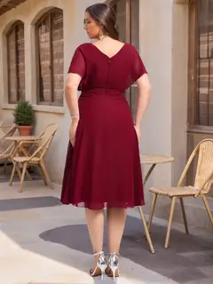 A-Line/Princess V-Neck Short Sleeves Knee-Length Plus Size Bridesmaid Dresses with Ruffles — view 2