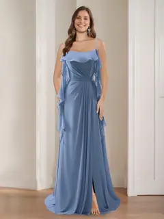 A-Line/Princess Spaghetti Straps Ruched Bridesmaid Dresses with Side Slit & Ruffles — view 1