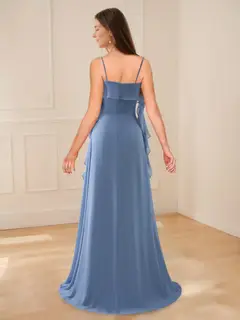 A-Line/Princess Spaghetti Straps Ruched Bridesmaid Dresses with Side Slit & Ruffles — view 2