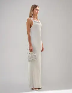 Sheath/Column Cowl Neck Spaghetti Straps Backless Floor-Length Bridesmaid Dresses with Appliques — view 2