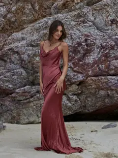 Sheath/Column Cowl Neck Spaghetti Straps Sleeveless Floor-Length Silk Satin Bridesmaid Dresses — view 1