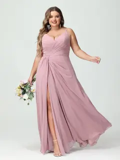 A-Line/Princess Spaghetti Straps Sleeveless Chiffon Plus Size Bridesmaid Dresses with Pockets & Split Side — view 4