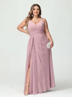 A-Line/Princess Spaghetti Straps Sleeveless Chiffon Plus Size Bridesmaid Dresses with Pockets & Split Side — view 5