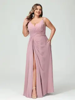 A-Line/Princess Spaghetti Straps Sleeveless Chiffon Plus Size Bridesmaid Dresses with Pockets & Split Side — view 7