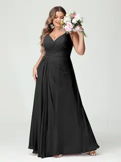 A-Line/Princess Spaghetti Straps Sleeveless Chiffon Plus Size Bridesmaid Dresses with Pockets & Split Side — view 19