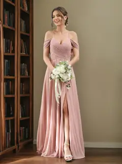 A-Line/Princess V-Neck Spaghetti Straps Floor-Length Chiffon Bridesmaid Dresses with Split Side — view 1