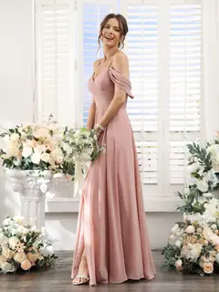 A-Line/Princess V-Neck Spaghetti Straps Floor-Length Chiffon Bridesmaid Dresses with Split Side — view 4