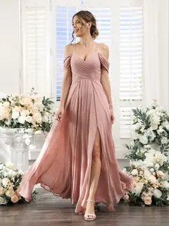 A-Line/Princess V-Neck Spaghetti Straps Floor-Length Chiffon Bridesmaid Dresses with Split Side — view 5