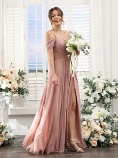 A-Line/Princess V-Neck Spaghetti Straps Floor-Length Chiffon Bridesmaid Dresses with Split Side — view 6