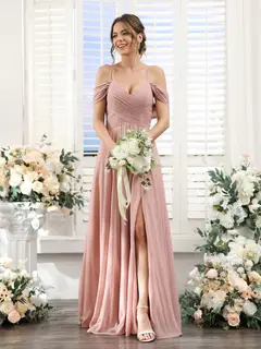 A-Line/Princess V-Neck Spaghetti Straps Floor-Length Chiffon Bridesmaid Dresses with Split Side — view 7