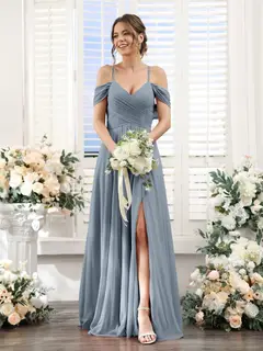 A-Line/Princess V-Neck Spaghetti Straps Floor-Length Chiffon Bridesmaid Dresses with Split Side — view 8