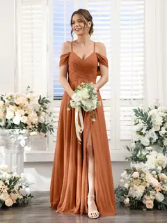 A-Line/Princess V-Neck Spaghetti Straps Floor-Length Chiffon Bridesmaid Dresses with Split Side — view 9