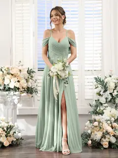 A-Line/Princess V-Neck Spaghetti Straps Floor-Length Chiffon Bridesmaid Dresses with Split Side — view 10
