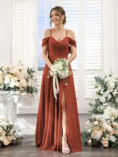 A-Line/Princess V-Neck Spaghetti Straps Floor-Length Chiffon Bridesmaid Dresses with Split Side — view 13
