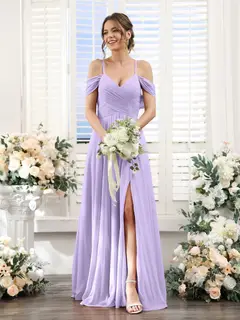 A-Line/Princess V-Neck Spaghetti Straps Floor-Length Chiffon Bridesmaid Dresses with Split Side — view 14