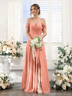 A-Line/Princess V-Neck Spaghetti Straps Floor-Length Chiffon Bridesmaid Dresses with Split Side — view 15