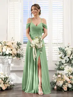 A-Line/Princess V-Neck Spaghetti Straps Floor-Length Chiffon Bridesmaid Dresses with Split Side — view 16