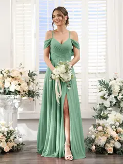 A-Line/Princess V-Neck Spaghetti Straps Floor-Length Chiffon Bridesmaid Dresses with Split Side — view 17