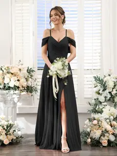 A-Line/Princess V-Neck Spaghetti Straps Floor-Length Chiffon Bridesmaid Dresses with Split Side — view 18