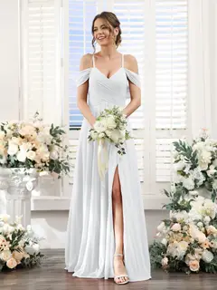 A-Line/Princess V-Neck Spaghetti Straps Floor-Length Chiffon Bridesmaid Dresses with Split Side — view 19