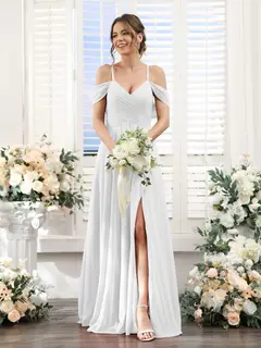A-Line/Princess V-Neck Spaghetti Straps Floor-Length Chiffon Bridesmaid Dresses with Split Side — view 20