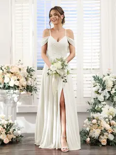 A-Line/Princess V-Neck Spaghetti Straps Floor-Length Chiffon Bridesmaid Dresses with Split Side — view 21