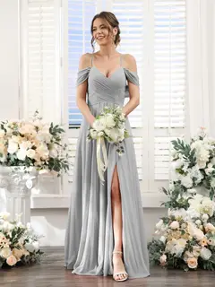 A-Line/Princess V-Neck Spaghetti Straps Floor-Length Chiffon Bridesmaid Dresses with Split Side — view 22