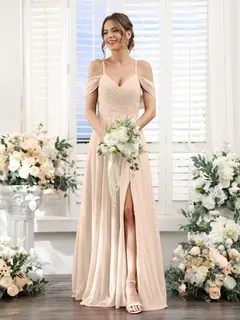 A-Line/Princess V-Neck Spaghetti Straps Floor-Length Chiffon Bridesmaid Dresses with Split Side — view 23