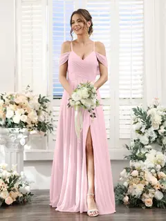 A-Line/Princess V-Neck Spaghetti Straps Floor-Length Chiffon Bridesmaid Dresses with Split Side — view 25