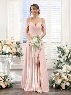 A-Line/Princess V-Neck Spaghetti Straps Floor-Length Chiffon Bridesmaid Dresses with Split Side — view 26