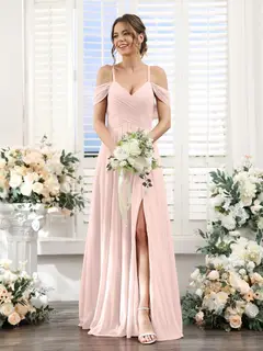 A-Line/Princess V-Neck Spaghetti Straps Floor-Length Chiffon Bridesmaid Dresses with Split Side — view 27