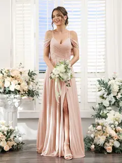 A-Line/Princess V-Neck Spaghetti Straps Floor-Length Chiffon Bridesmaid Dresses with Split Side — view 28