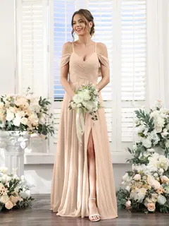 A-Line/Princess V-Neck Spaghetti Straps Floor-Length Chiffon Bridesmaid Dresses with Split Side — view 29
