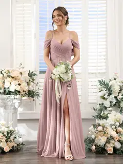 A-Line/Princess V-Neck Spaghetti Straps Floor-Length Chiffon Bridesmaid Dresses with Split Side — view 30