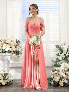 A-Line/Princess V-Neck Spaghetti Straps Floor-Length Chiffon Bridesmaid Dresses with Split Side — view 32