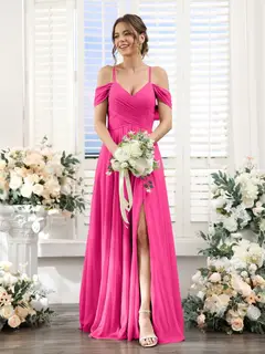 A-Line/Princess V-Neck Spaghetti Straps Floor-Length Chiffon Bridesmaid Dresses with Split Side — view 33