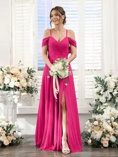 A-Line/Princess V-Neck Spaghetti Straps Floor-Length Chiffon Bridesmaid Dresses with Split Side — view 34