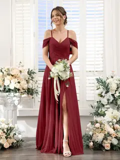 A-Line/Princess V-Neck Spaghetti Straps Floor-Length Chiffon Bridesmaid Dresses with Split Side — view 37