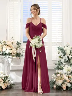 A-Line/Princess V-Neck Spaghetti Straps Floor-Length Chiffon Bridesmaid Dresses with Split Side — view 38