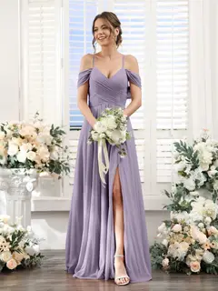 A-Line/Princess V-Neck Spaghetti Straps Floor-Length Chiffon Bridesmaid Dresses with Split Side — view 39