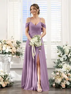A-Line/Princess V-Neck Spaghetti Straps Floor-Length Chiffon Bridesmaid Dresses with Split Side — view 40