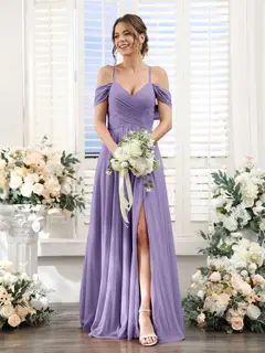 A-Line/Princess V-Neck Spaghetti Straps Floor-Length Chiffon Bridesmaid Dresses with Split Side — view 41