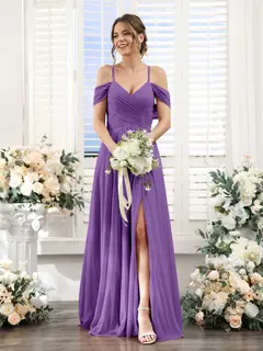 A-Line/Princess V-Neck Spaghetti Straps Floor-Length Chiffon Bridesmaid Dresses with Split Side — view 42