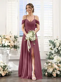 A-Line/Princess V-Neck Spaghetti Straps Floor-Length Chiffon Bridesmaid Dresses with Split Side — view 43