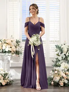 A-Line/Princess V-Neck Spaghetti Straps Floor-Length Chiffon Bridesmaid Dresses with Split Side — view 45